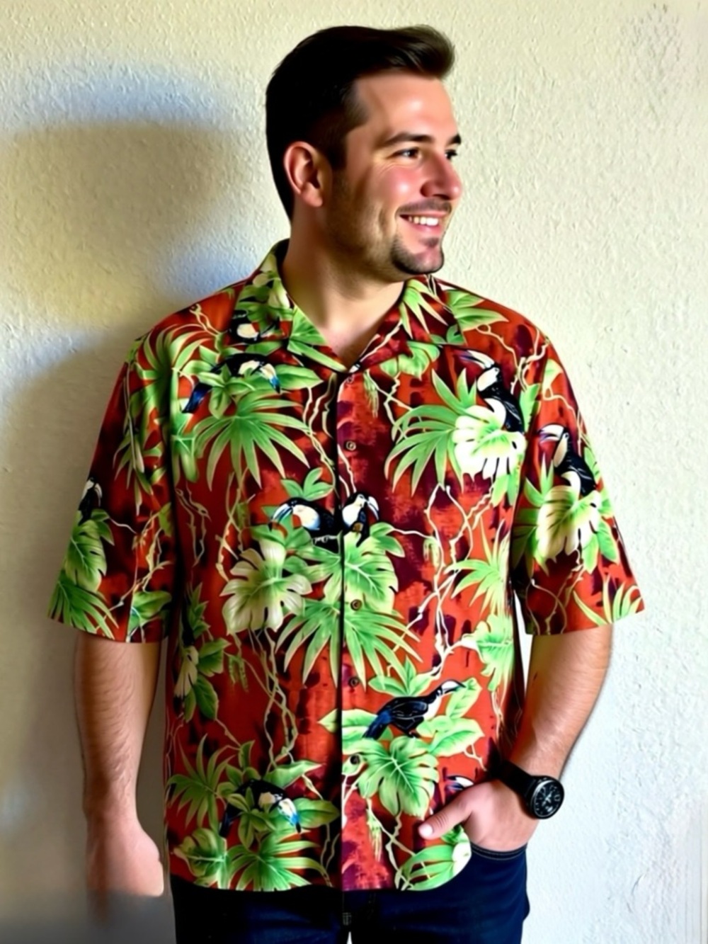 Men's Tropical Button-Down Shirt - Red with Green Leaf Print